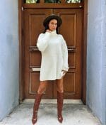 pearl detail turtleneck knit sweater dress front view