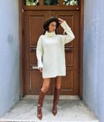 model wearing pearl detail knit sweater dress in winter style