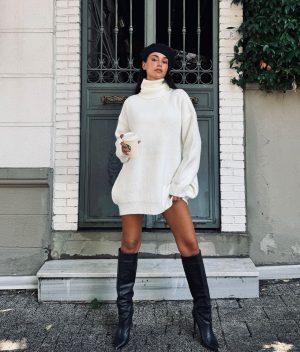 women’s oversized turtleneck sweater dress in off-white
