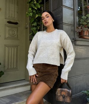 cropped crew neck knit sweater front view