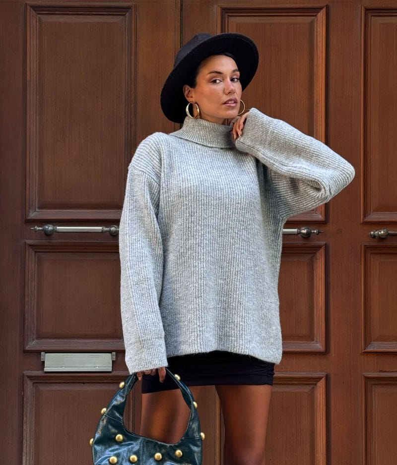long sleeve ribbed turtleneck sweater close-up