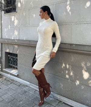 Cream long sleeve knit dress with high mock neck design