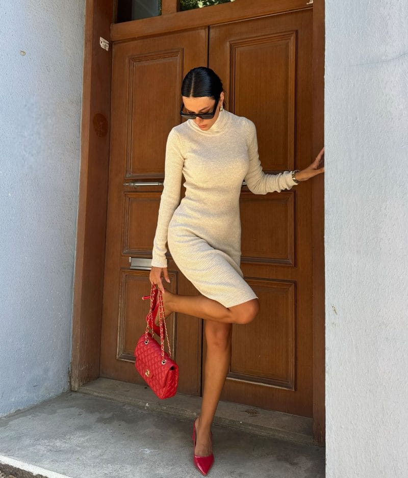 Wholesale plain knitwear dress with full turtleneck design