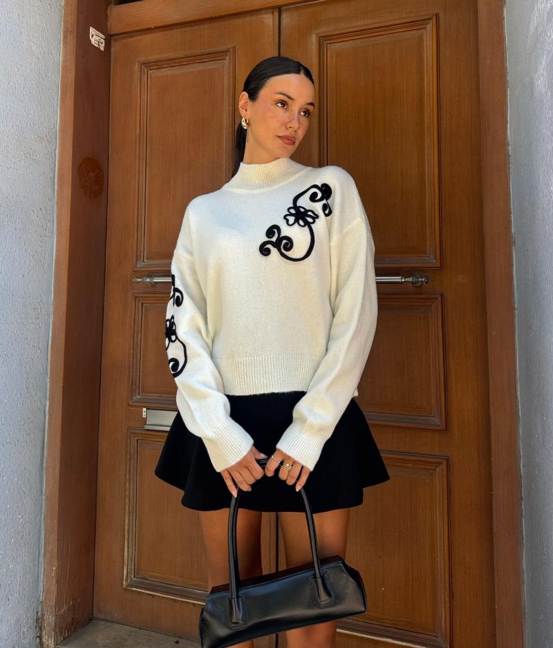 Wholesale embroidered sweater with mock neck and long sleeves