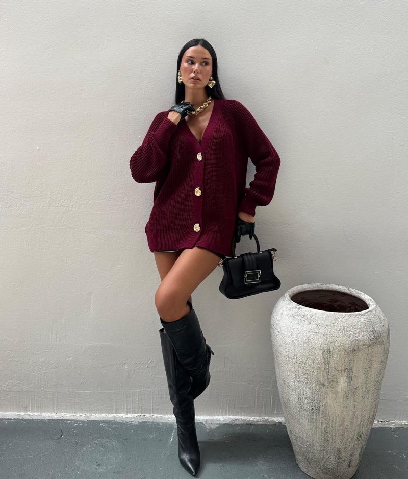 Button Front Knit Cardigan with V neck and long sleeves