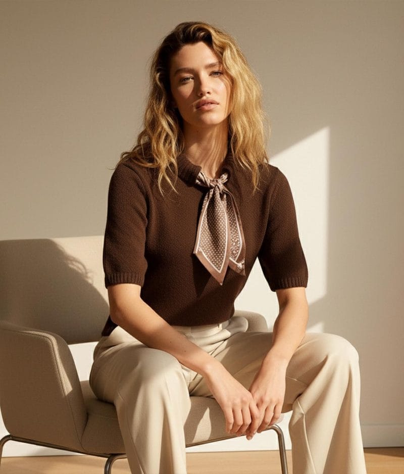 brown short sleeve knitwear scarf detail