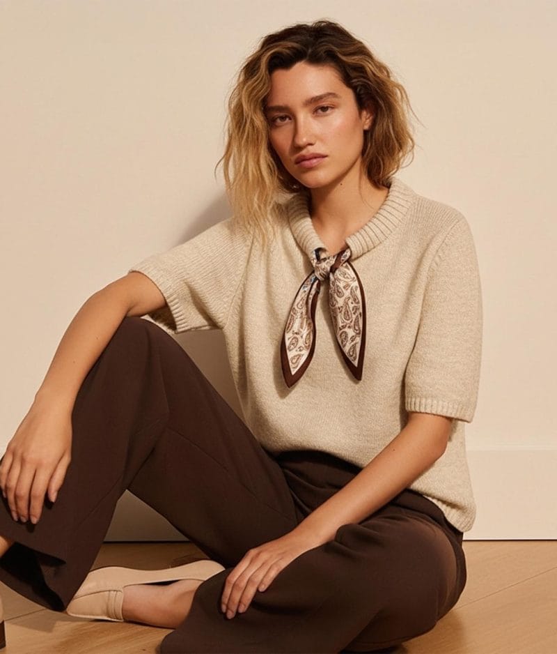 cream short sleeve knitwear scarf detail