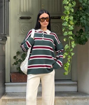 striped knit polo sweater texture detail