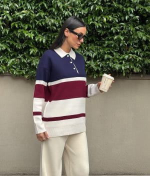 striped knit polo sweater collar and buttons detail