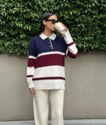 striped knit polo sweater close-up knit texture