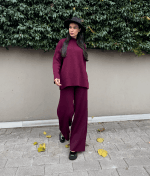 6566-Long Sleeve Knit Two Piece Set-Burgundy-1 Long sleeve knit two piece set with relaxed silhouette
