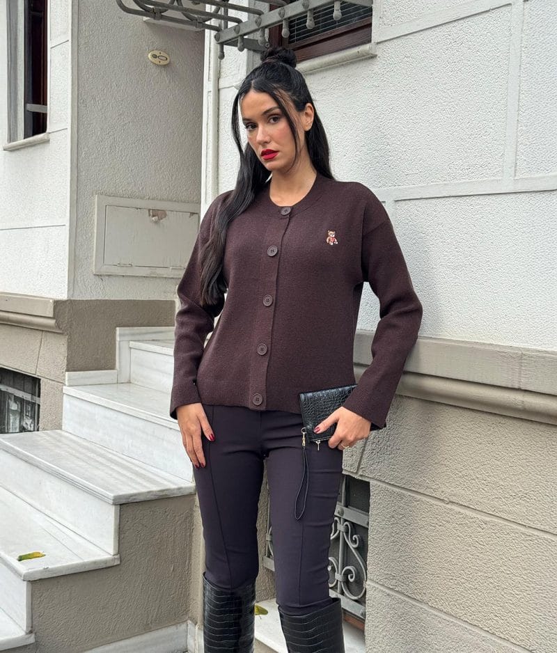 Embroidered teddy knit cardigan designed for wholesale women’s knitwear collections
