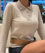 Beige pearl button polo knit top with classic collar detail