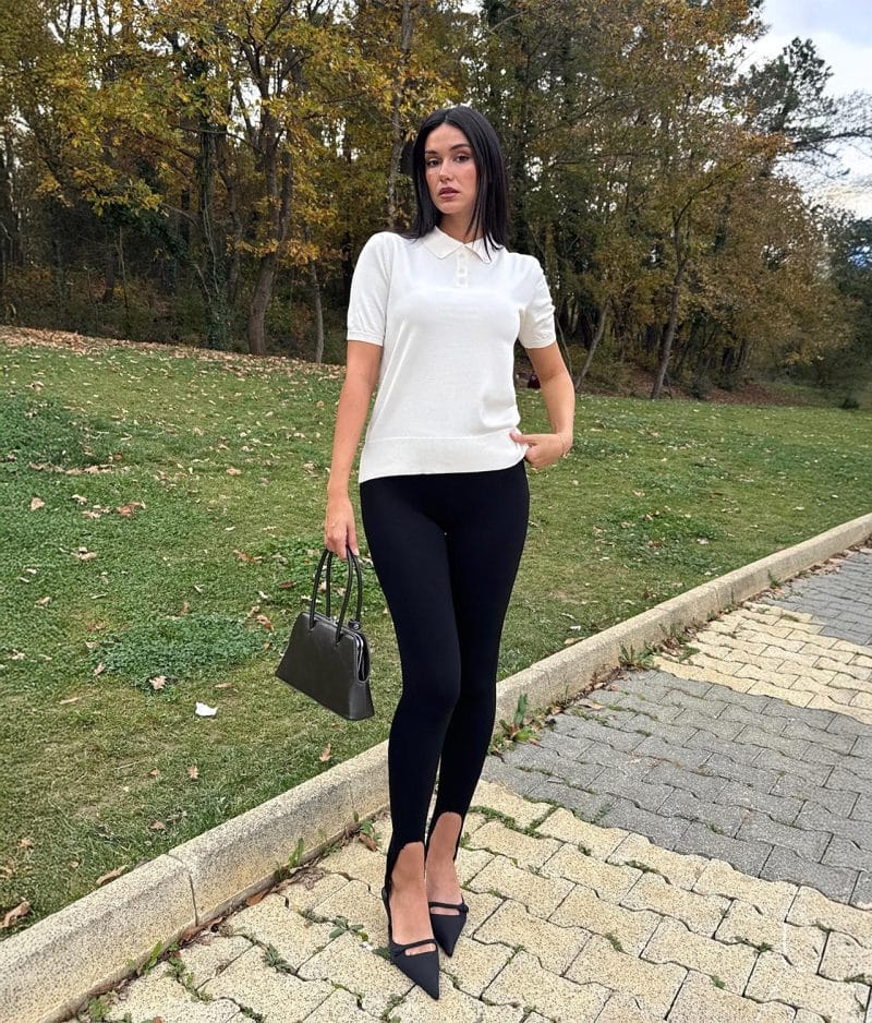 Short sleeve polo knit top with classic collar and clean knit texture