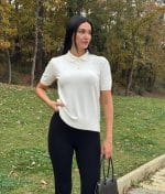 6577-Short Sleeve Polo Knit Top-Off White-2 Women’s short sleeve polo knit top featuring a minimal button placket