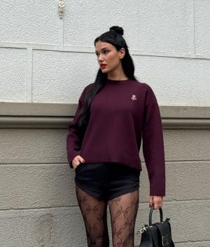 Embroidered teddy knit sweater with soft long sleeve design