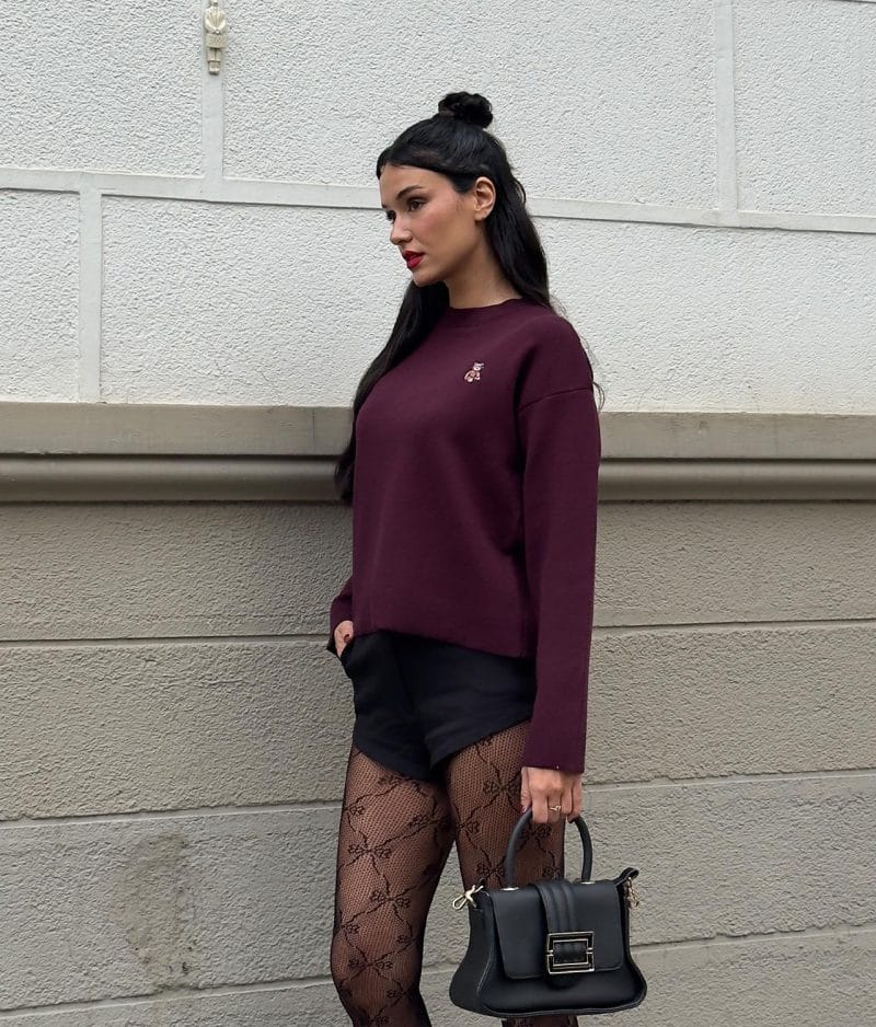 Embroidered teddy knit sweater designed for wholesale women’s knitwear collections