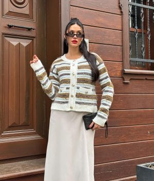 Women’s textured stripe knit cardigan featuring gold tone buttons