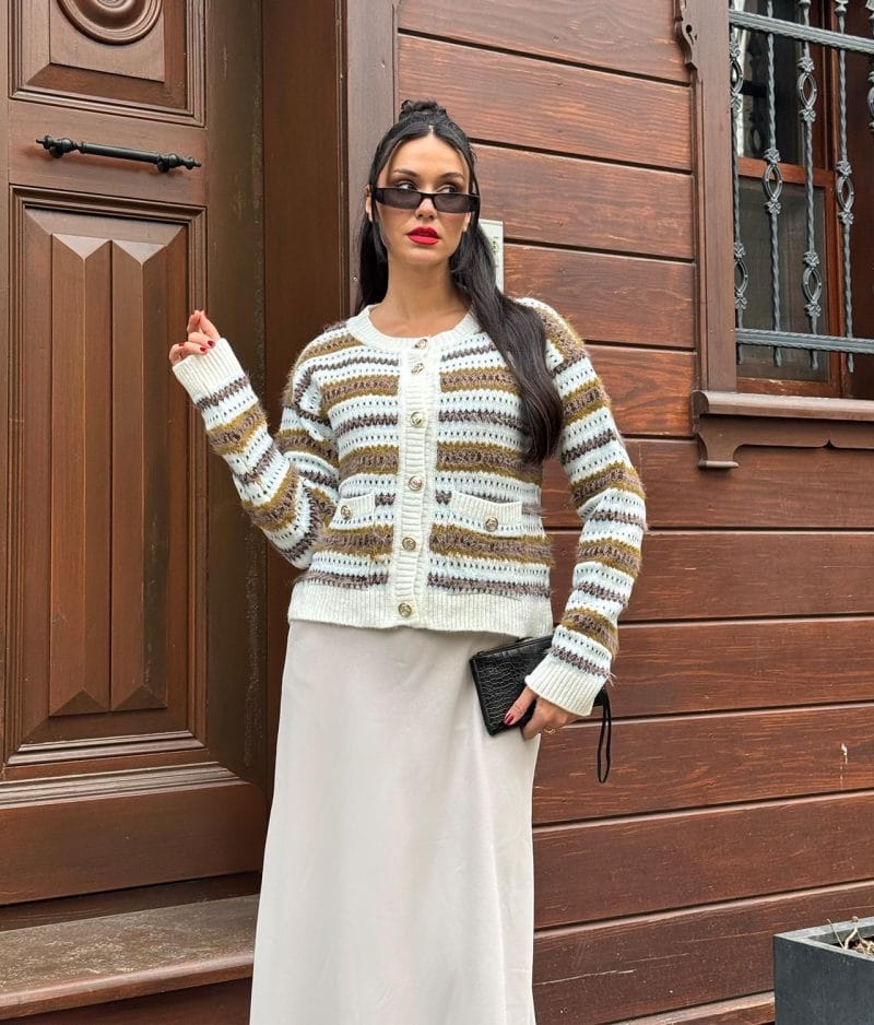 Women’s textured stripe knit cardigan featuring gold tone buttons