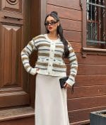 Long sleeve textured stripe knit cardigan styled for boutique knitwear collections