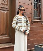 Wholesale women’s textured stripe knit cardigan with classic round neckline