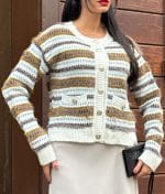 Textured stripe knit cardigan with button front and mixed yarn details
