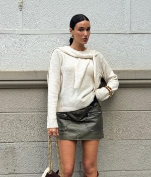 Tied shoulder layer knit sweater with scarf-style shoulder detail