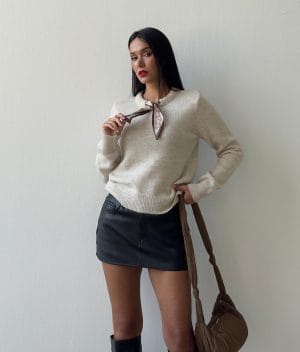 Scarf detail knit sweater with elegant neck tie accessory