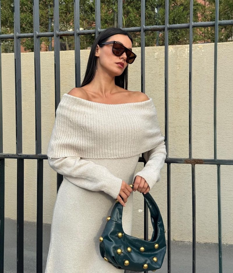 Long knit dress with off shoulder rib detail for boutique fashion