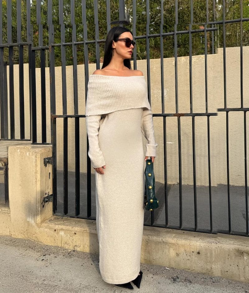 Off shoulder rib detail knit dress designed for modern wholesale collections