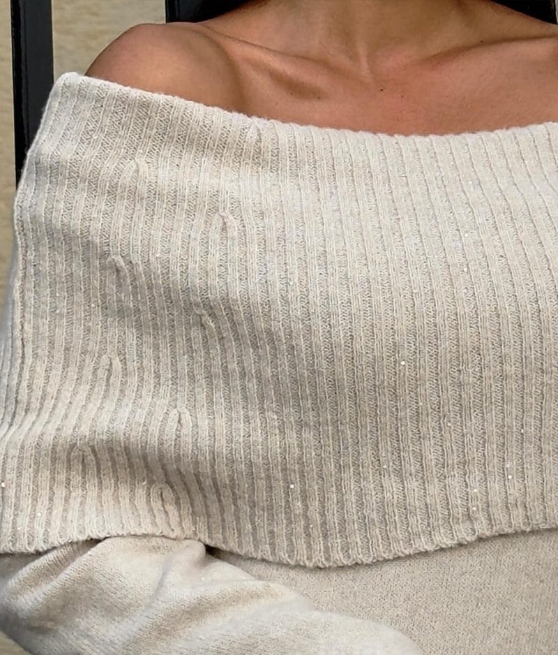 Women’s off shoulder knit dress featuring ribbed upper detail