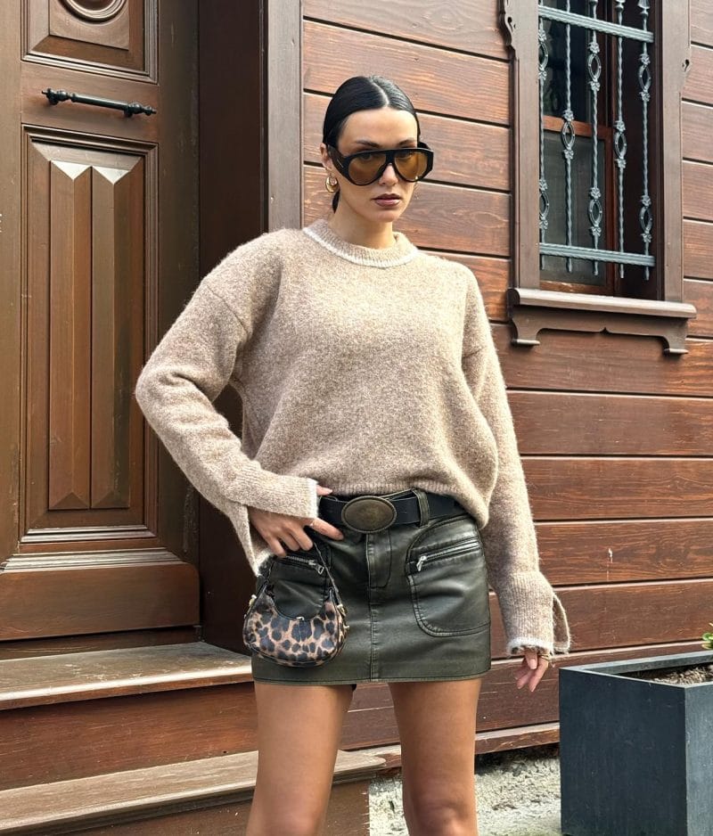 Contrast trim fuzzy knit sweater with soft textured fabric