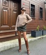 Women’s contrast trim fuzzy knit sweater featuring a relaxed fit