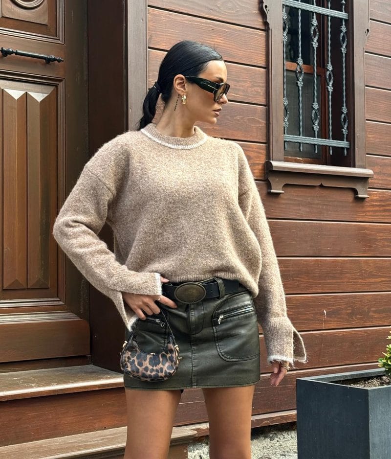 Contrast trim fuzzy knit sweater designed for modern wholesale knitwear