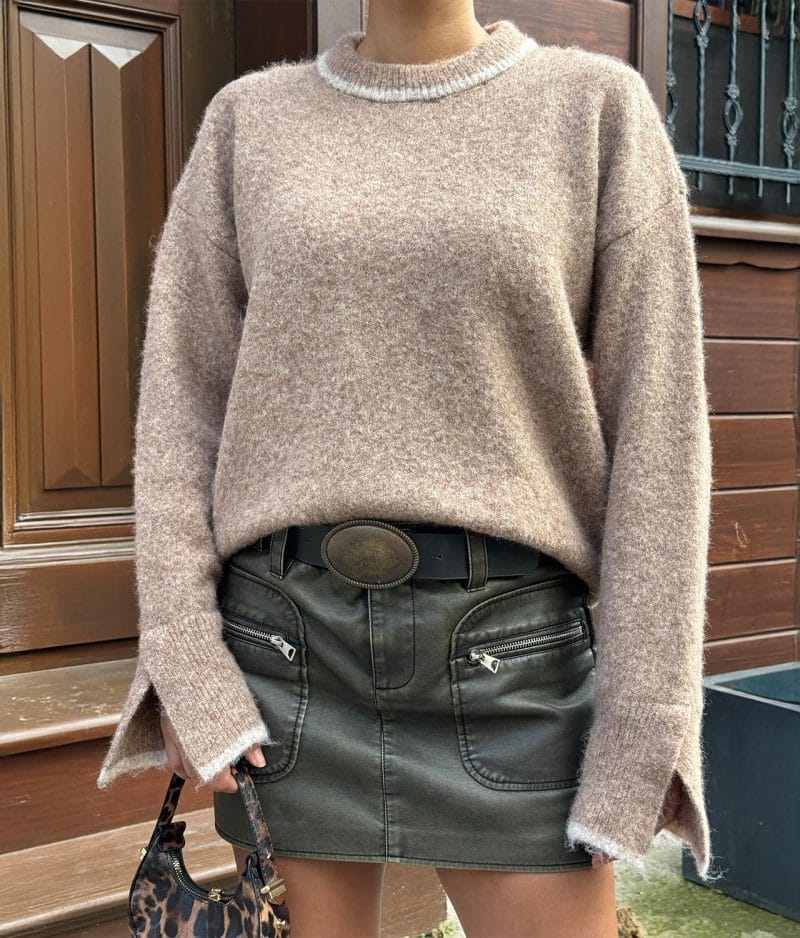 Minimal contrast trim fuzzy knit sweater for boutique women’s fashion