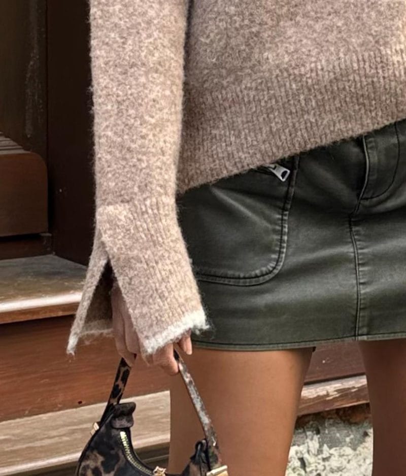Soft fuzzy knit sweater with contrast neckline detail