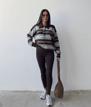 Striped polo knit sweater designed for wholesale women’s knitwear collections