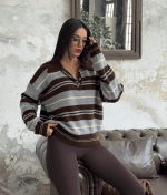 75191-Striped Polo Knit Sweater-Brown-3 Classic striped knit sweater with polo neckline