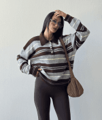 75191-Striped Polo Knit Sweater-Brown-4 Minimal striped polo knit sweater for everyday women’s fashion