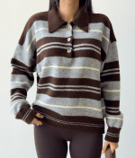 75191-Striped Polo Knit Sweater-Brown-5 Striped polo knit sweater with classic collar detail