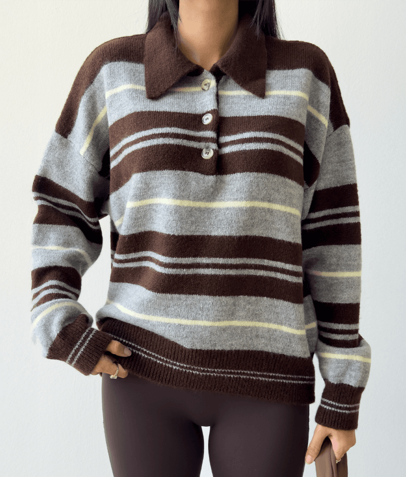 Striped polo knit sweater with classic collar detail