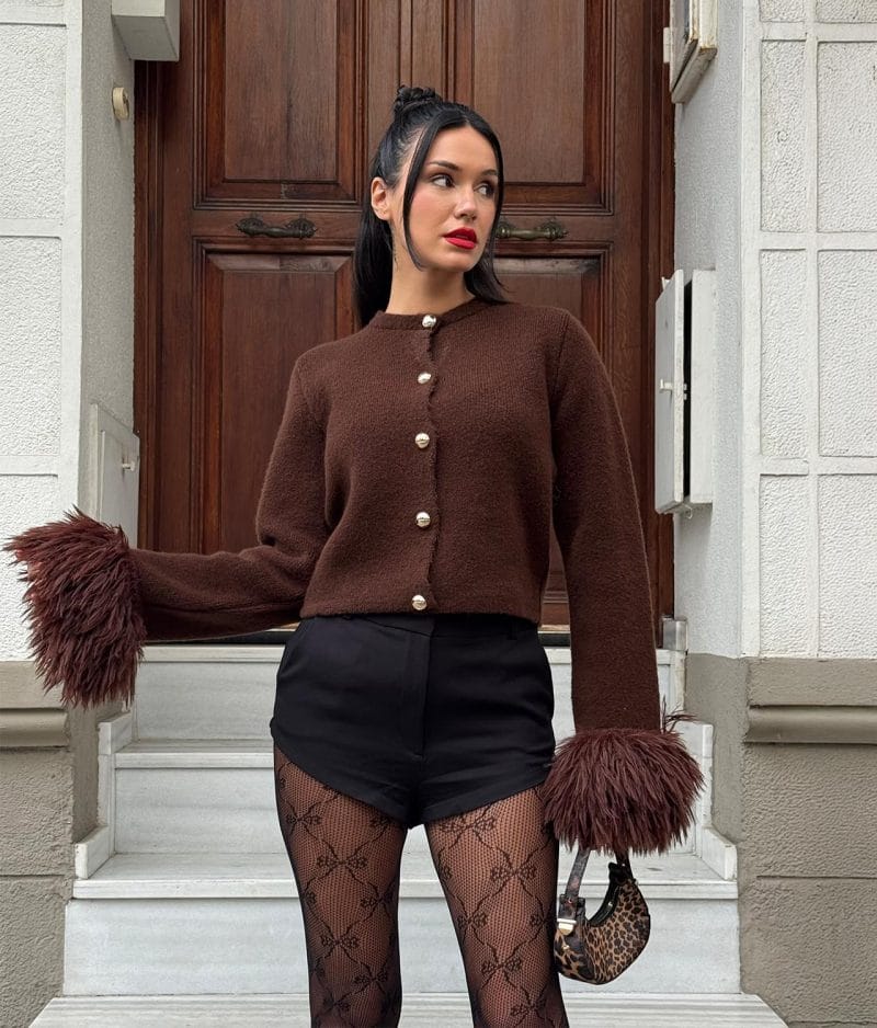 Elegant knit cardigan with feather cuff sleeves for wholesale collections
