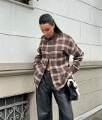 Brown plaid button up shirt for wholesale women’s apparel