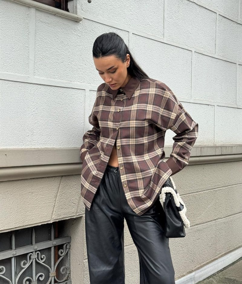 Brown plaid button up shirt for wholesale women’s apparel