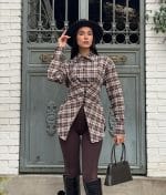 Brown plaid corset-detail shirt front view
