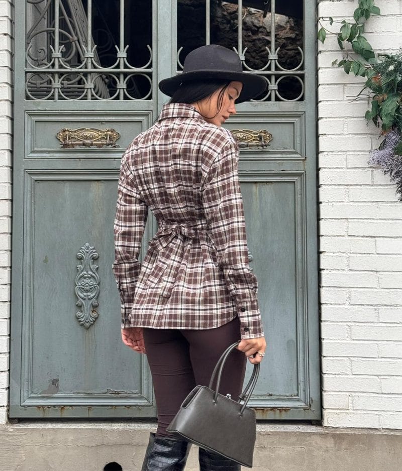 Structured plaid shirt with button-down corset silhouette