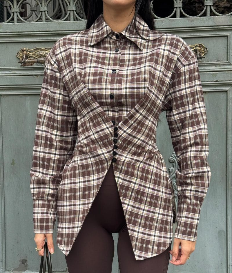 Women’s plaid shirt featuring corset-inspired front detail