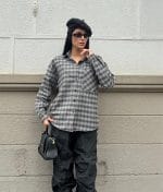 Grey plaid button up shirt styled for everyday wear