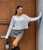 Openwork knit long sleeve sweater with airy textured pattern