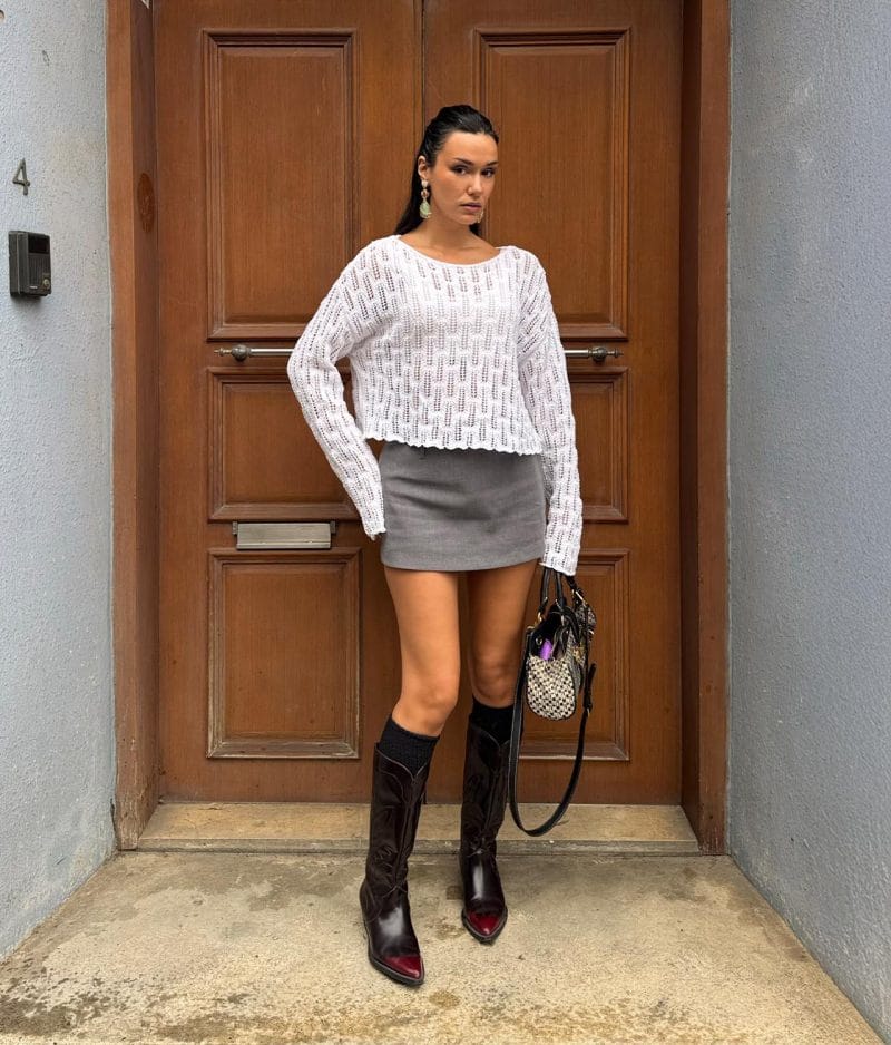 Women’s openwork knit long sleeve sweater front view